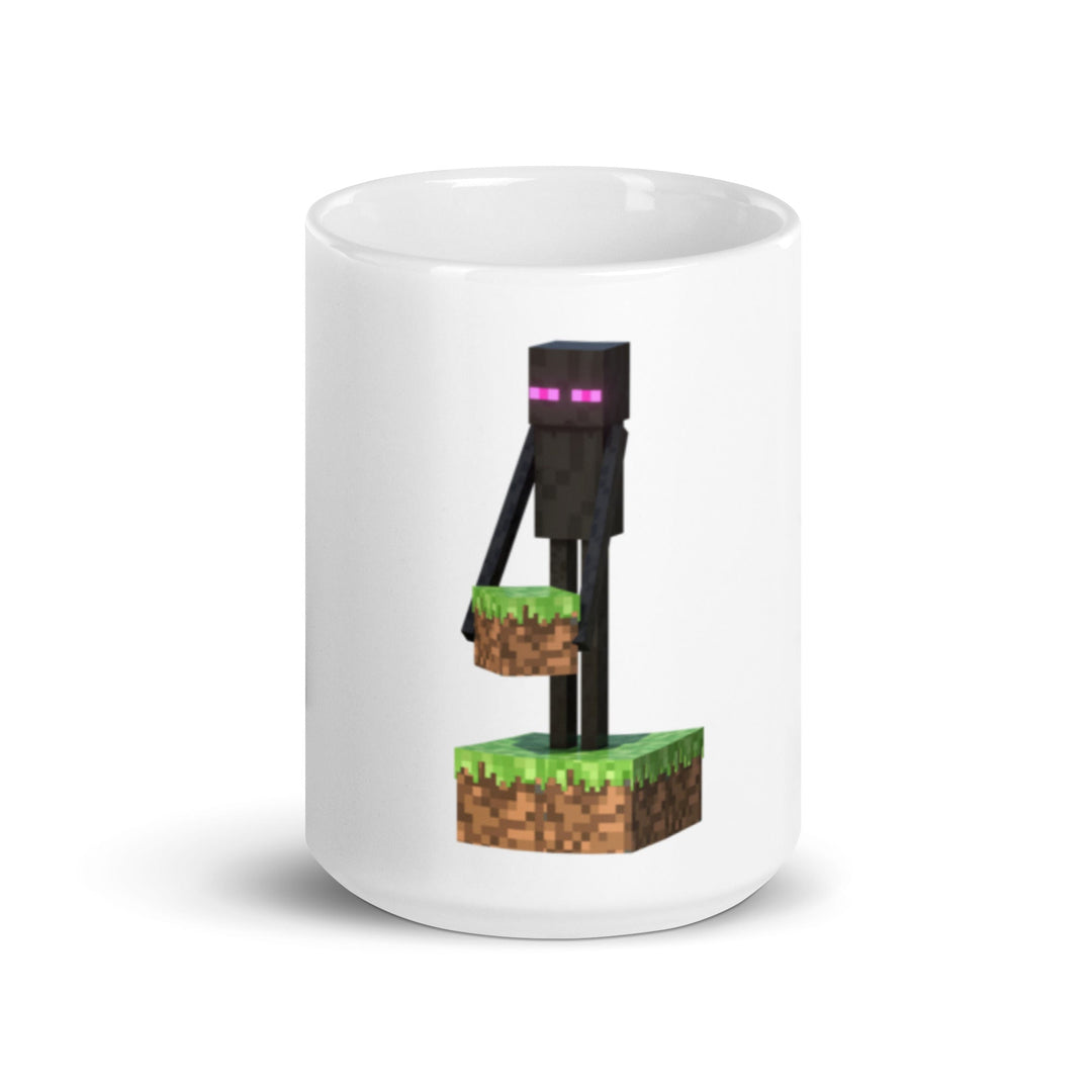 White mug with a pixelated character design on a white background.