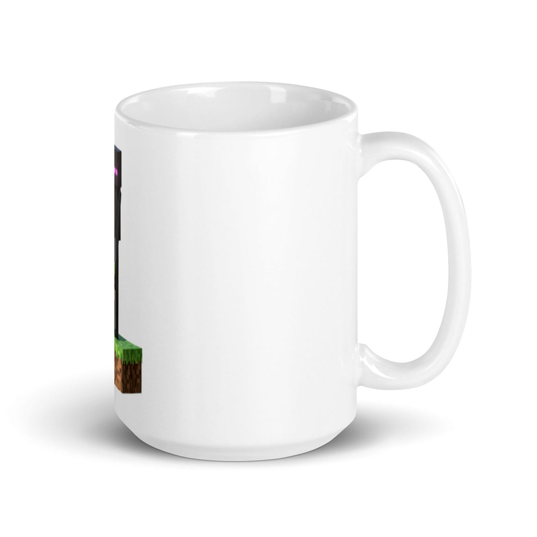 White mug with a small graphic on a white background.