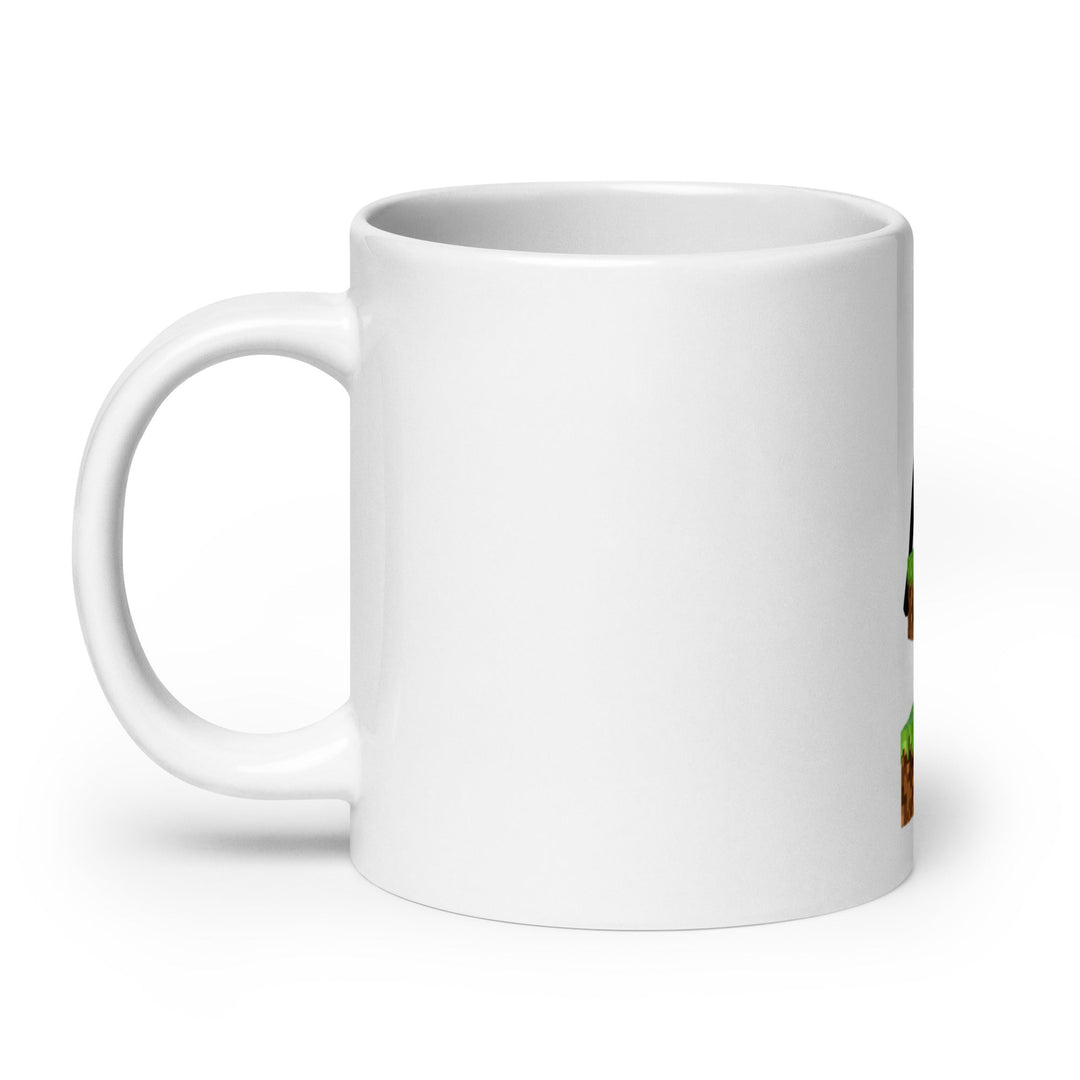 White mug with a small colorful design on a white background.