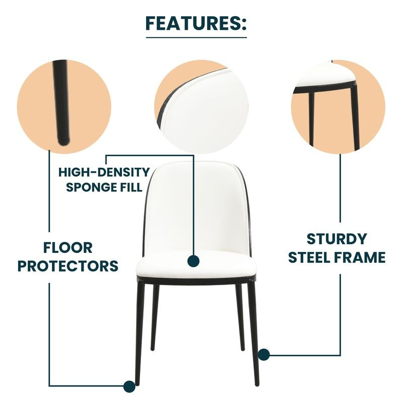 Diagram of a chair with features labeled: high-density sponge fill, floor protectors, and sturdy steel frame.