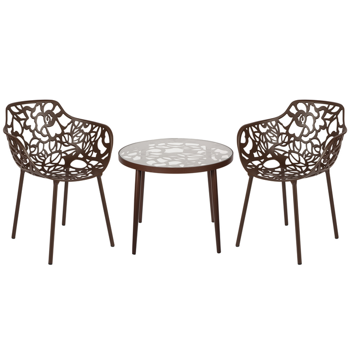 LeisureMod Devon Mid-Century Modern 3-Piece Aluminum Outdoor Patio Dining Set with Tempered Glass Top Table and 2 Stackable Flower Design Armchairs Brown