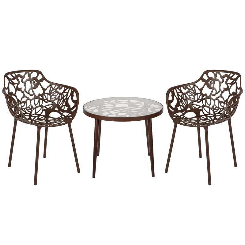 LeisureMod Devon Mid-Century Modern 3-Piece Aluminum Outdoor Patio Dining Set with Tempered Glass Top Table and 2 Stackable Flower Design Armchairs Brown
