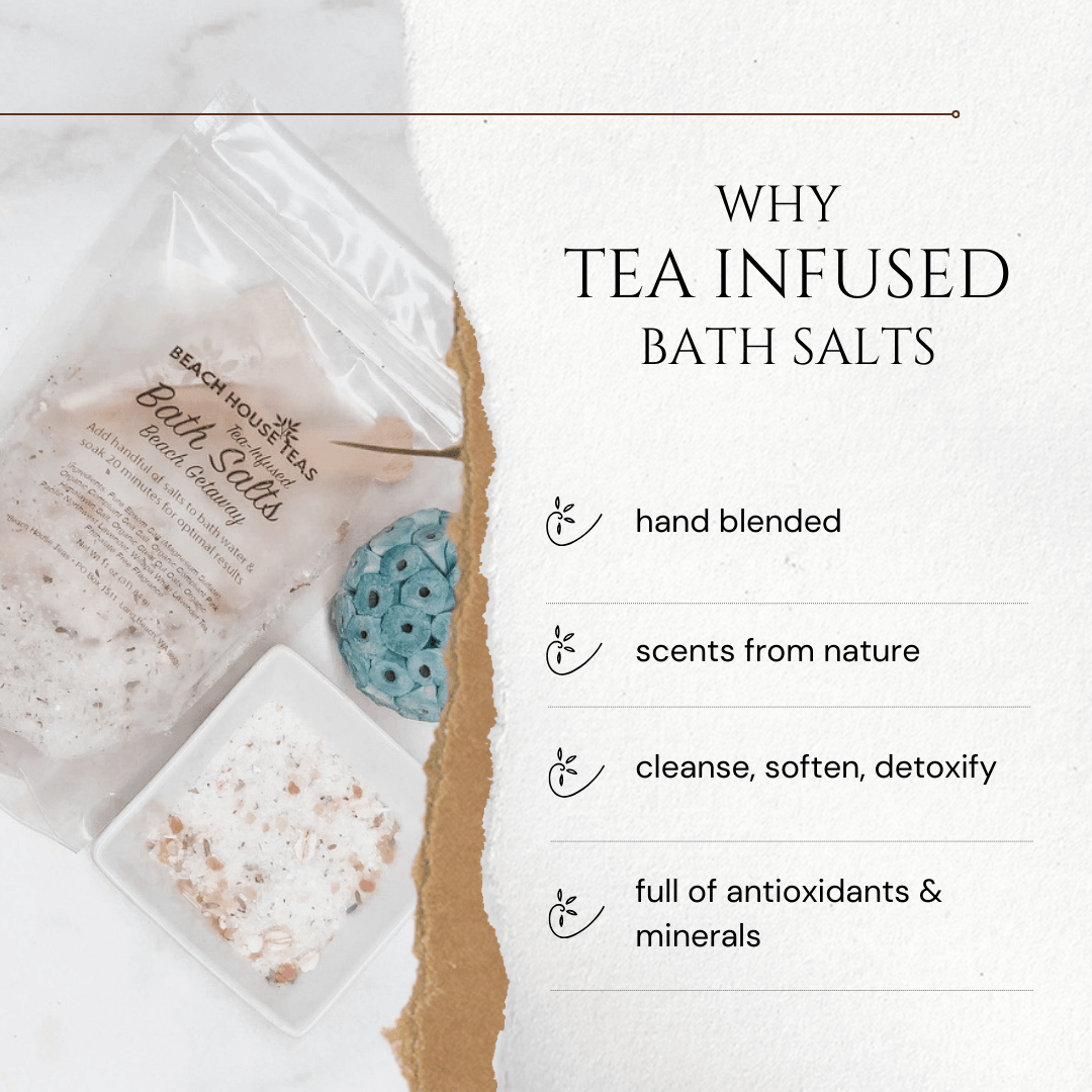 Tea infused bath salts with text highlighting benefits on a white background.