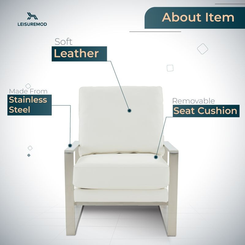 LeisureMod Jefferson Faux Leather Modern Design Accent Armchair with Elegant Silver Frame White Description.
