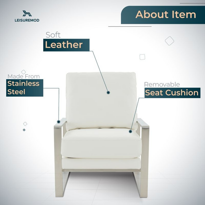 LeisureMod Jefferson Faux Leather Modern Design Accent Armchair with Elegant Silver Frame White Description.