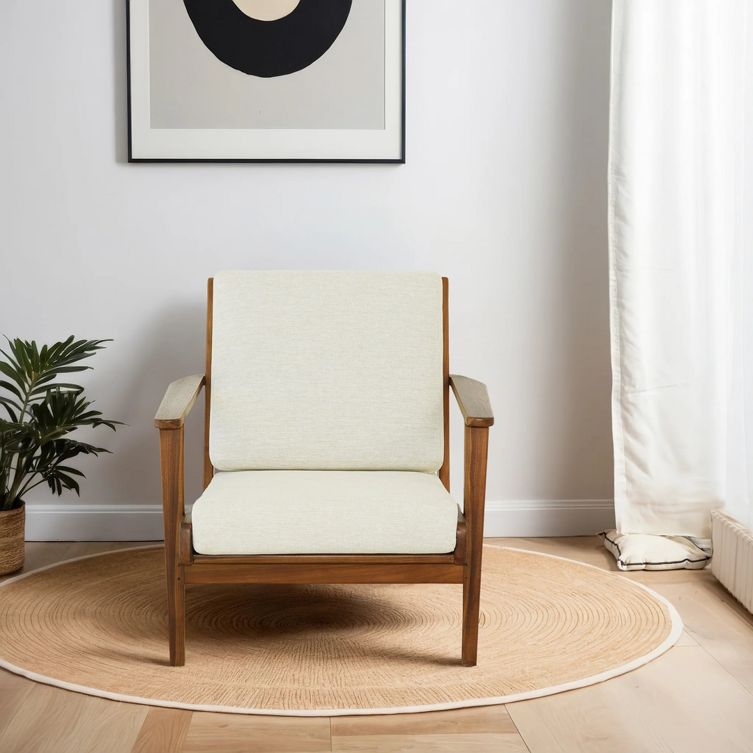Connor Solid Wood Linen Lounge Chair Cream Front View.