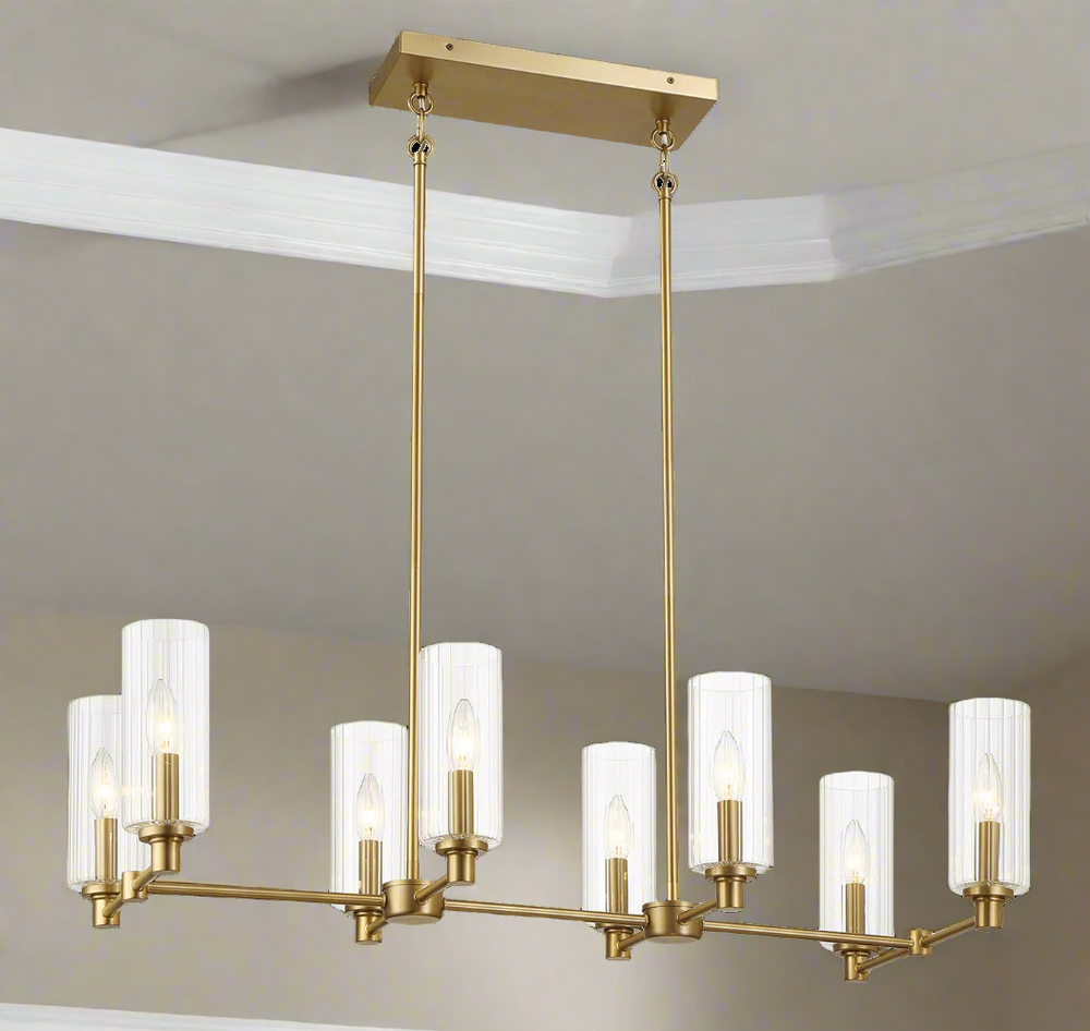 Willow Eight Lights Island with Clear Ribbed Glass Pendant Lamp - Satin Brass Front.