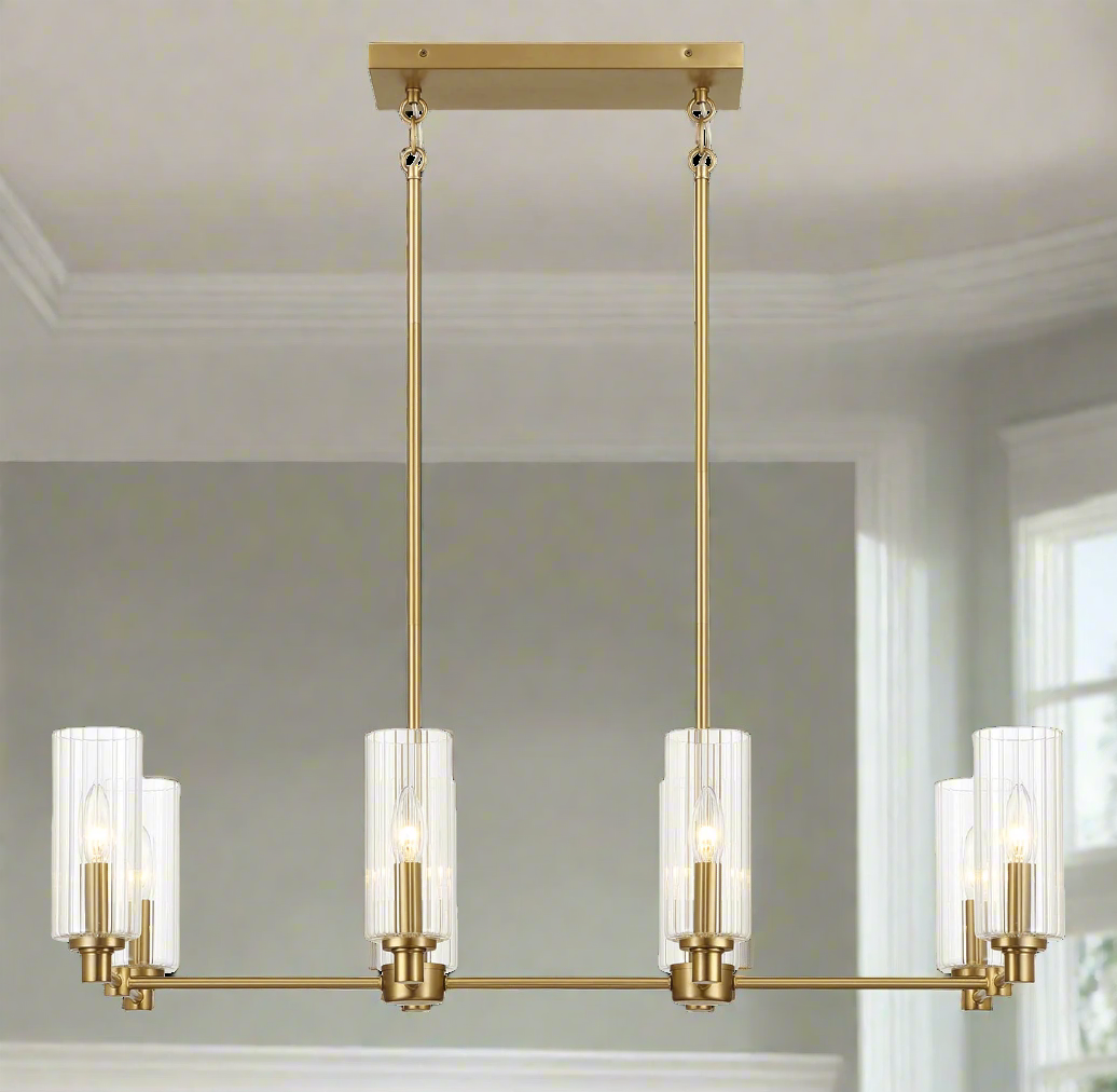 Willow Eight Lights Island with Clear Ribbed Glass Pendant Lamp - Satin Brass Closeup.