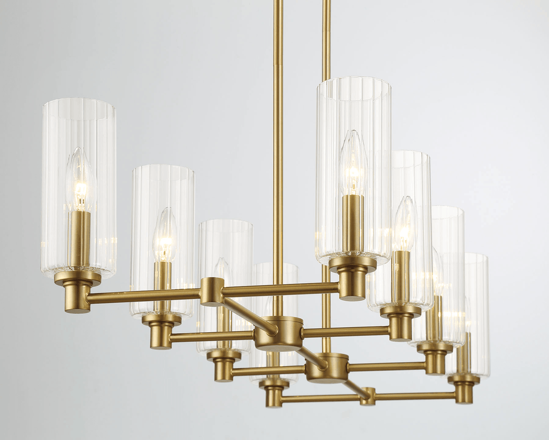 Willow Eight Lights Island with Clear Ribbed Glass Pendant Lamp - Satin Brass Zoomed in View.