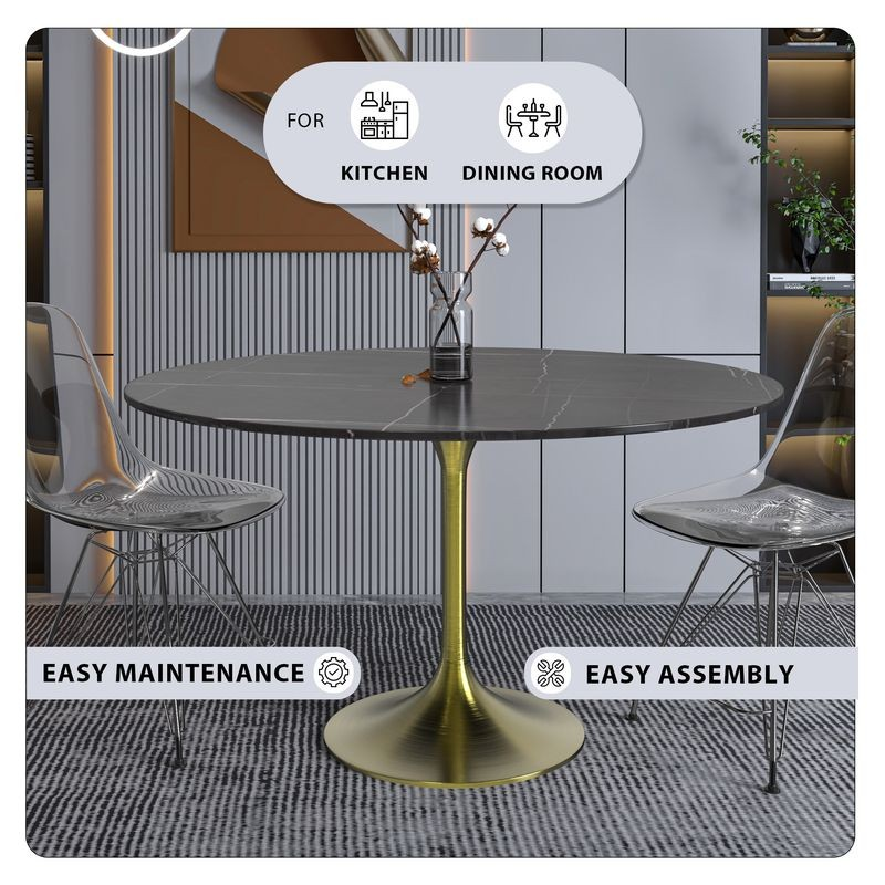 LeisureMod Verve Collection 48 Round Dining Table, Brushed Gold Base with Sintered Stone Black Top Details.