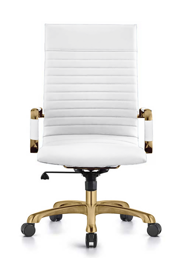 LeisureMod Harris High-Back Leatherette Office Chair with Gold Frame White Front Photo.