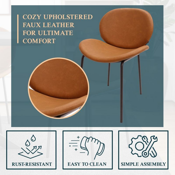 Brown upholstered chair with text highlighting features on a teal background.