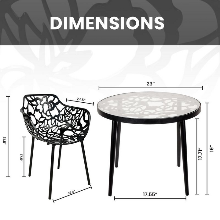 Dimensions of a chair and a round table with measurements on a gray background.