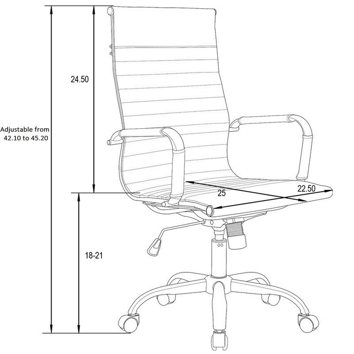 Technical drawing of an office chair with dimensions labeled.