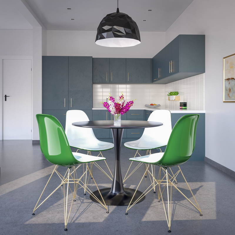 LeisureMod Cresco Molded 2-Tone Eiffel Side Chair with Gold Base in White Green in Dining Room.