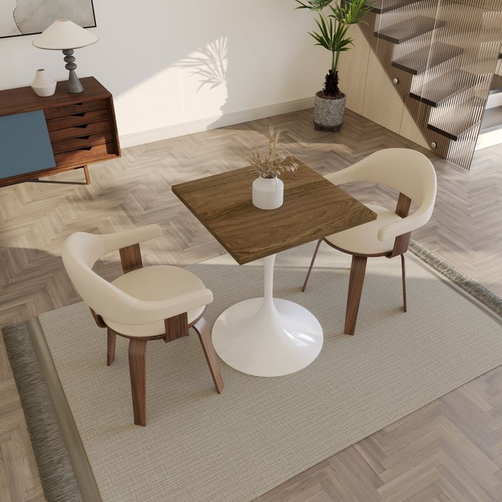 LeisureMod Verve Collection 24 Square Dining Table, White Base with Dark Maple MDF Top with Chairs.