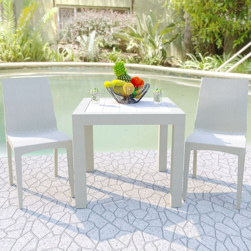 LeisureMod Mace 3-Piece Outdoor Dining Set with Plastic Square Table and 2 Stackable Chairs with Weave Design White with Background.