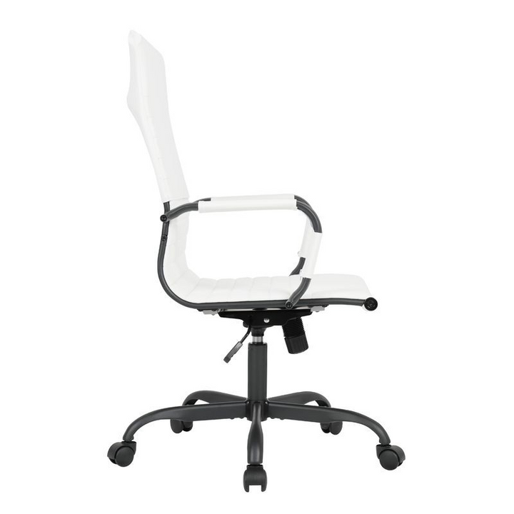 LeisureMod Harris Leather Home High-Back Office Chair in White with Black Frame Side View.