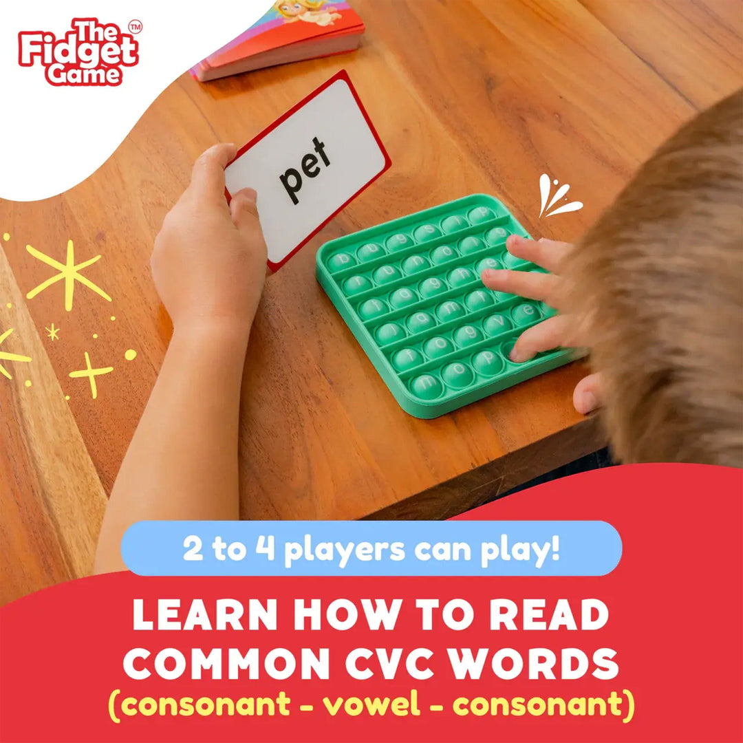 Child playing with a fidget game on a wooden table, learning common CVC words.