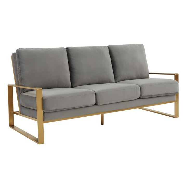 LeisureMod Jefferson Contemporary Modern Design Velvet Sofa with Gold Frame Light Grey
