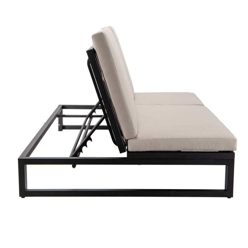 LeisureMod Chelsea Convertible Lounge Reclining Double Chaise with Cushions Beige Side View.