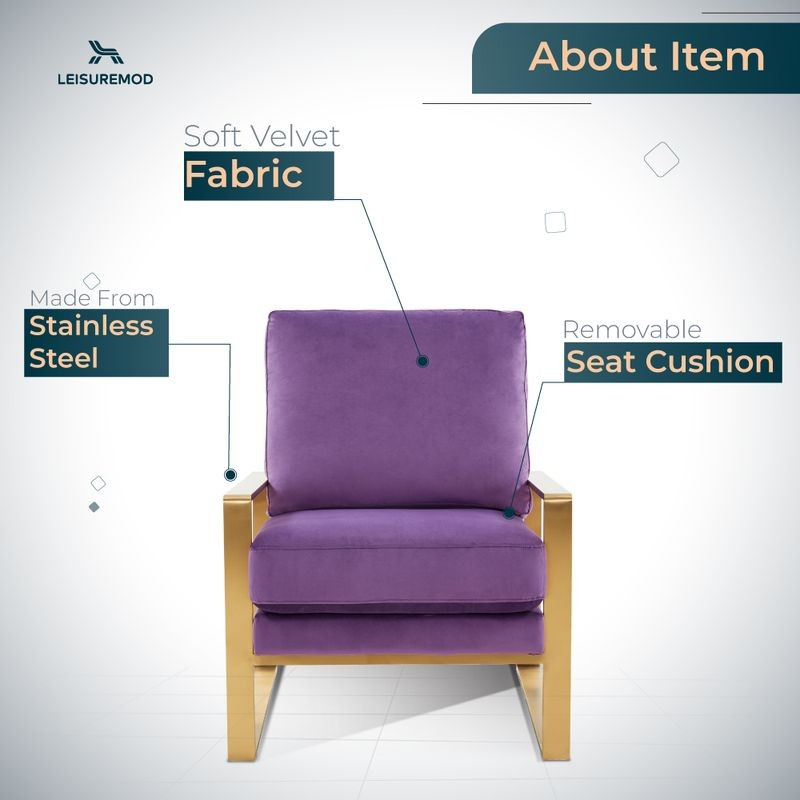 LeisureMod Jefferson Velvet Design Accent Armchair with Gold Brass Finish Frame Purple Description.