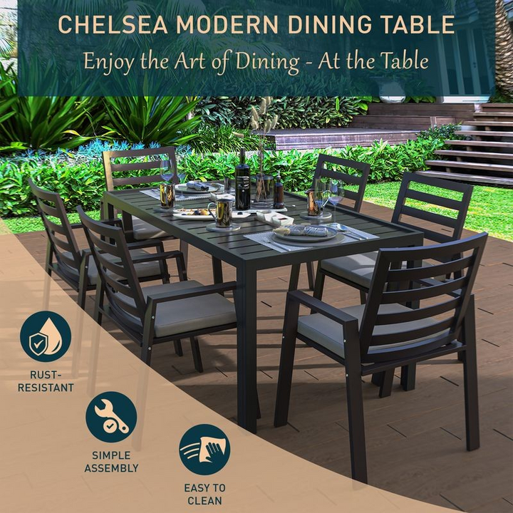 Leisuremod Chelsea Aluminum Outdoor 63" Dining Table in Black Details.