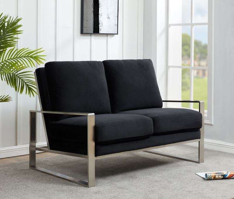 Leisuremod Jefferson Contemporary Modern Velvet Loveseat with Silver Frame Black with Background.