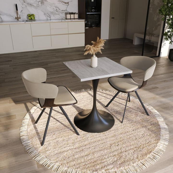 LeisureMod Verve Collection 24 Square Dining Table, Black Base with Light Natural Wood MDF Top in Room.