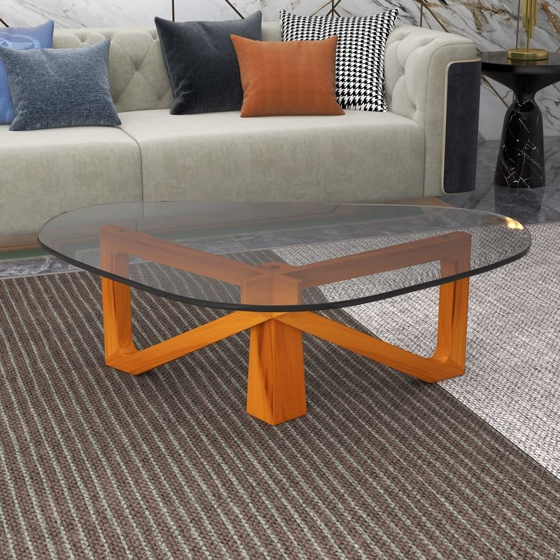 LeisureMod Imperial Triangle Coffee Table Light Walnut in Room