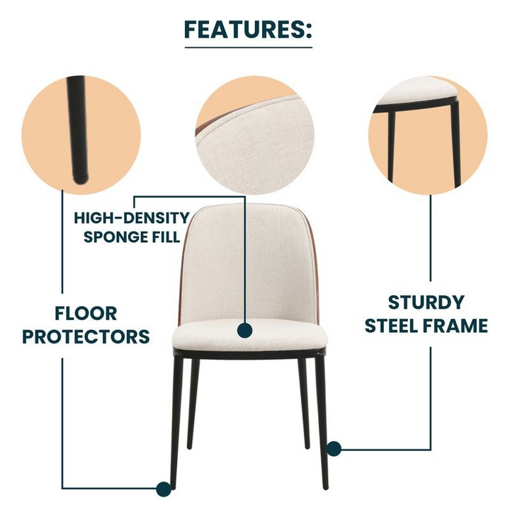 Chair with features highlighted: high-density sponge fill, floor protectors, and sturdy steel frame.