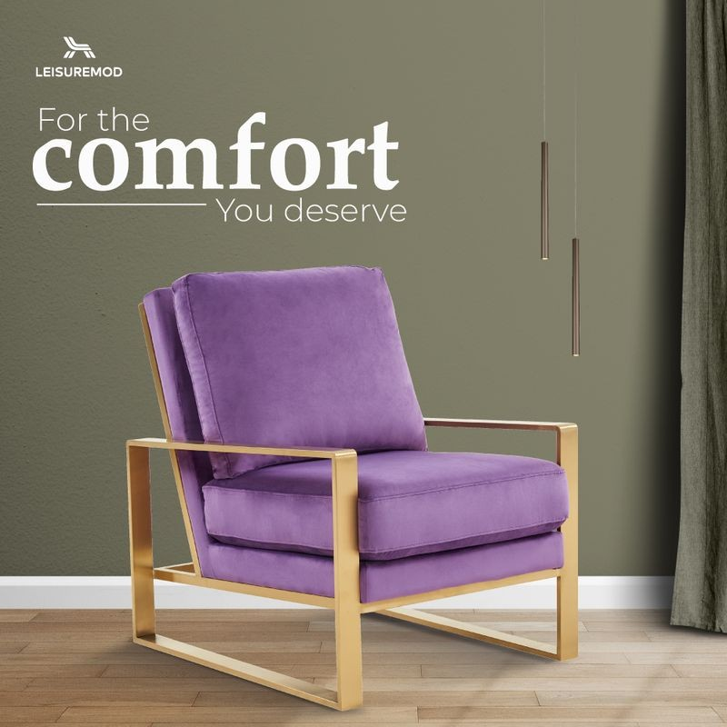 LeisureMod Jefferson Velvet Design Accent Armchair with Gold Brass Finish Frame Purple Comfort.