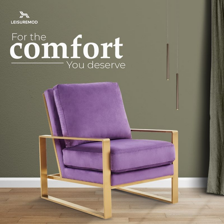 LeisureMod Jefferson Velvet Design Accent Armchair with Gold Brass Finish Frame Purple Comfort.