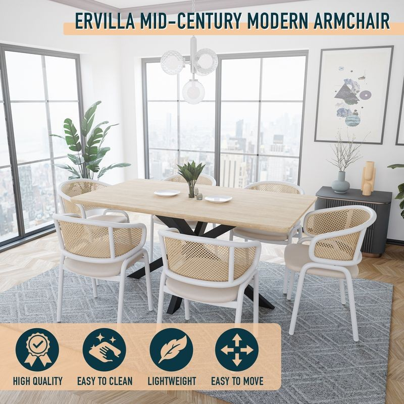 Leisuremod Ervilla Modern Dining Chair with White Powder Coated Steel Legs and Wicker Back Beige at Table.
