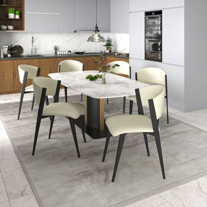 LeisureMod Aspen Collection Modern Dining Chair Black Frame in Light Grey at Table.