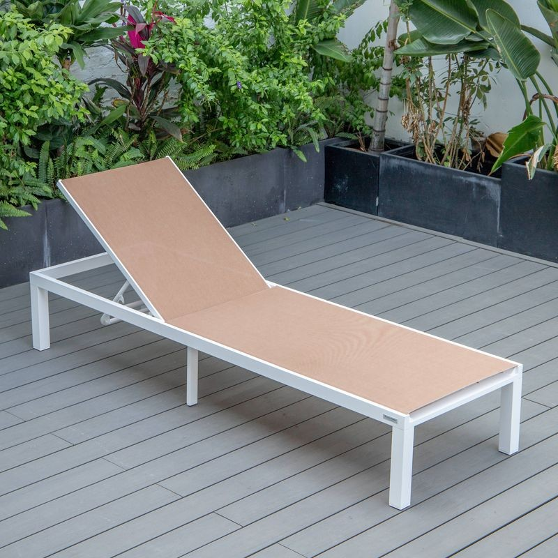 LeisureMod Marlin Patio Chaise Lounge Chair with White Aluminum Frame Light Brown
