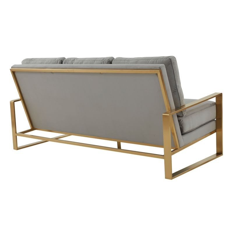 LeisureMod Jefferson Contemporary Modern Design Velvet Sofa with Gold Frame Light Grey Back View.