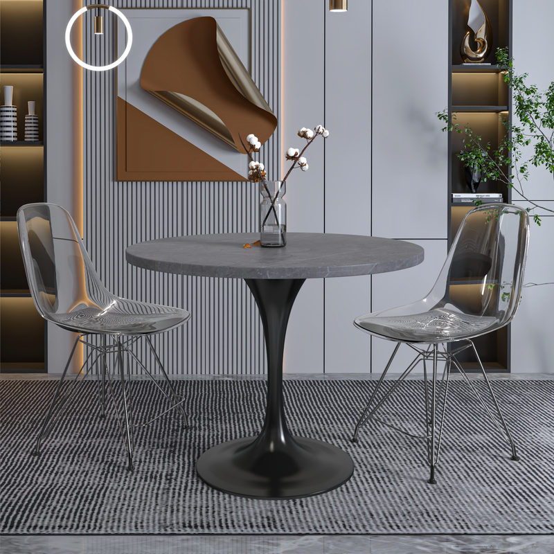 LeisureMod Verve Collection 36 Round Dining Table, Black Base with Sintered Stone Grey Top in Room.