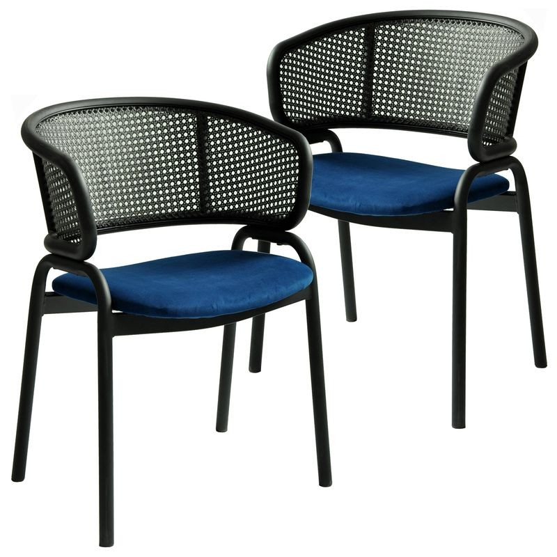 LeisureMod Ervilla Dining Armchair in Black Steel Frame with Black Wicker Back and Navy Blue Seat Set of 2