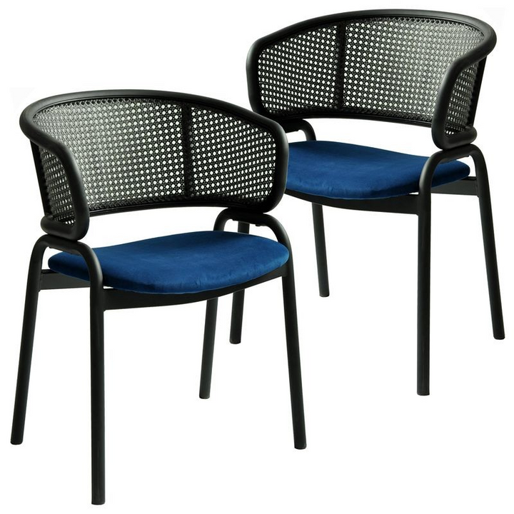 LeisureMod Ervilla Dining Armchair in Black Steel Frame with Black Wicker Back and Navy Blue Seat Set of 2