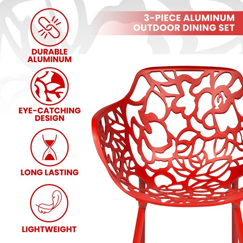 Red outdoor dining chair with durable, eye-catching design, long-lasting, and lightweight features on a white background.