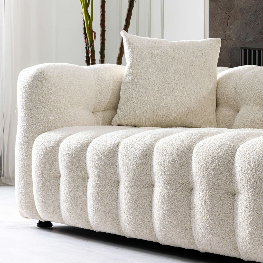 Eden Modern Tufted Chesterfield Boucle Fabric Sofa Left Angle View Closeup