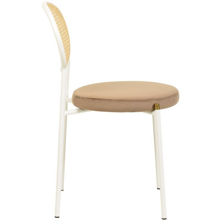 Chair with beige cushion and white frame on a white background.