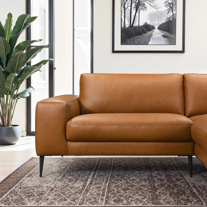 Easley Mid Century Modern Vegan Leather Wide-Arm Sofa Closeup.