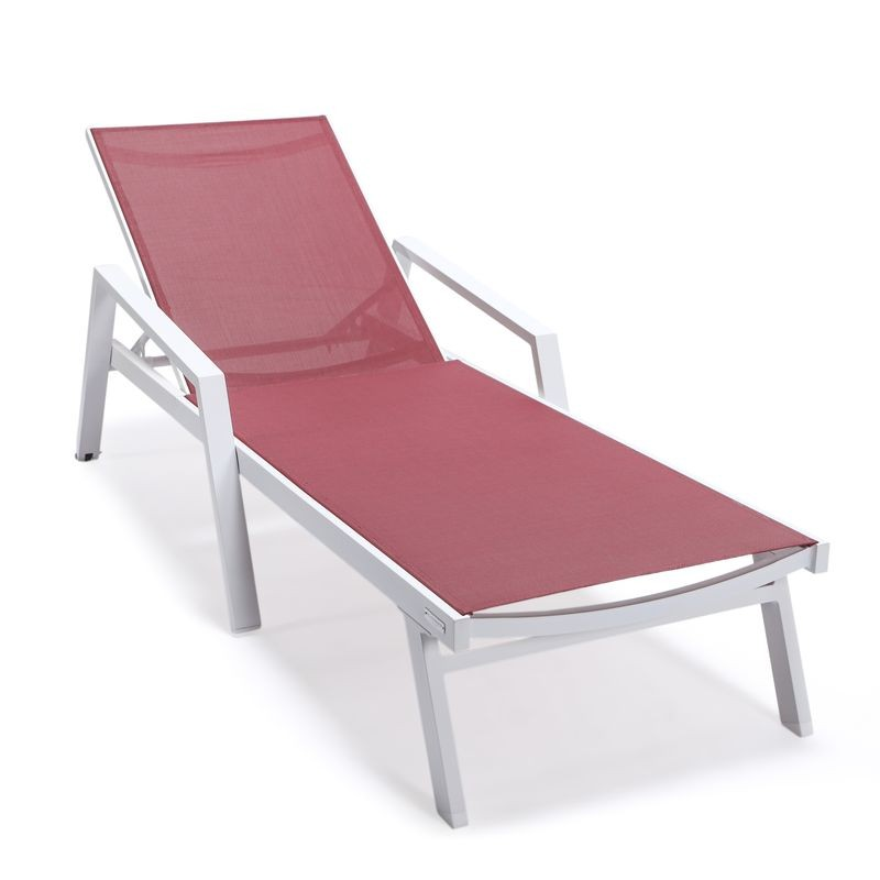 LeisureMod Marlin Patio Chaise Lounge Chair with Armrests in White Aluminum Frame Burgundy