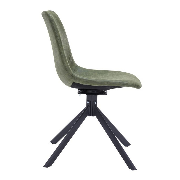 LeisureMod Markley Modern Leather Swivel Dining Chair with Metal Legs in Green Side View.