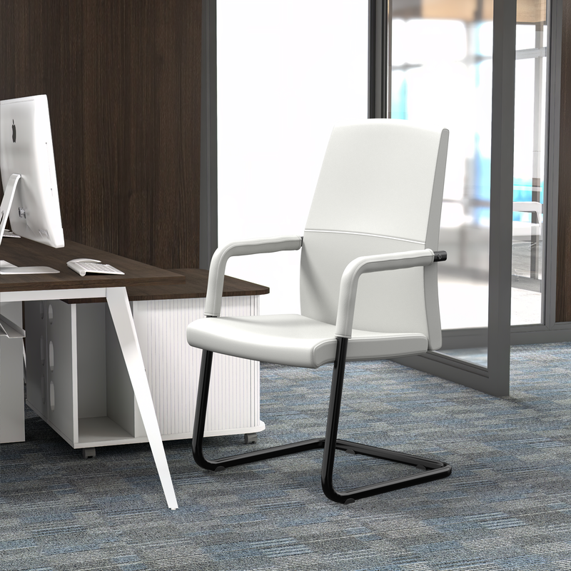 LeisureMod Evander Office Guest Chair in White Leather at Desk.