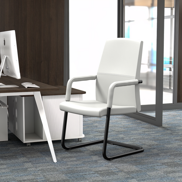 LeisureMod Evander Office Guest Chair in White Leather at Desk.