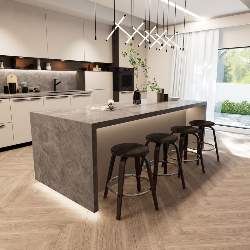 LeisureMod Wooden Counter Stool Pelya Collection Modern Style Walnut Glazed Color in Brown at Bar.