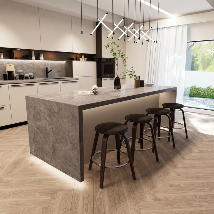 LeisureMod Wooden Counter Stool Pelya Collection Modern Style Walnut Glazed Color in Brown at Bar.